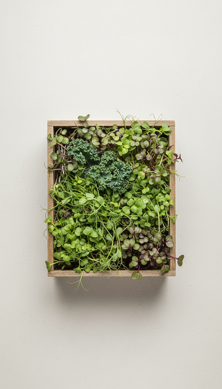 Farm fresh microgreens in wooden crate